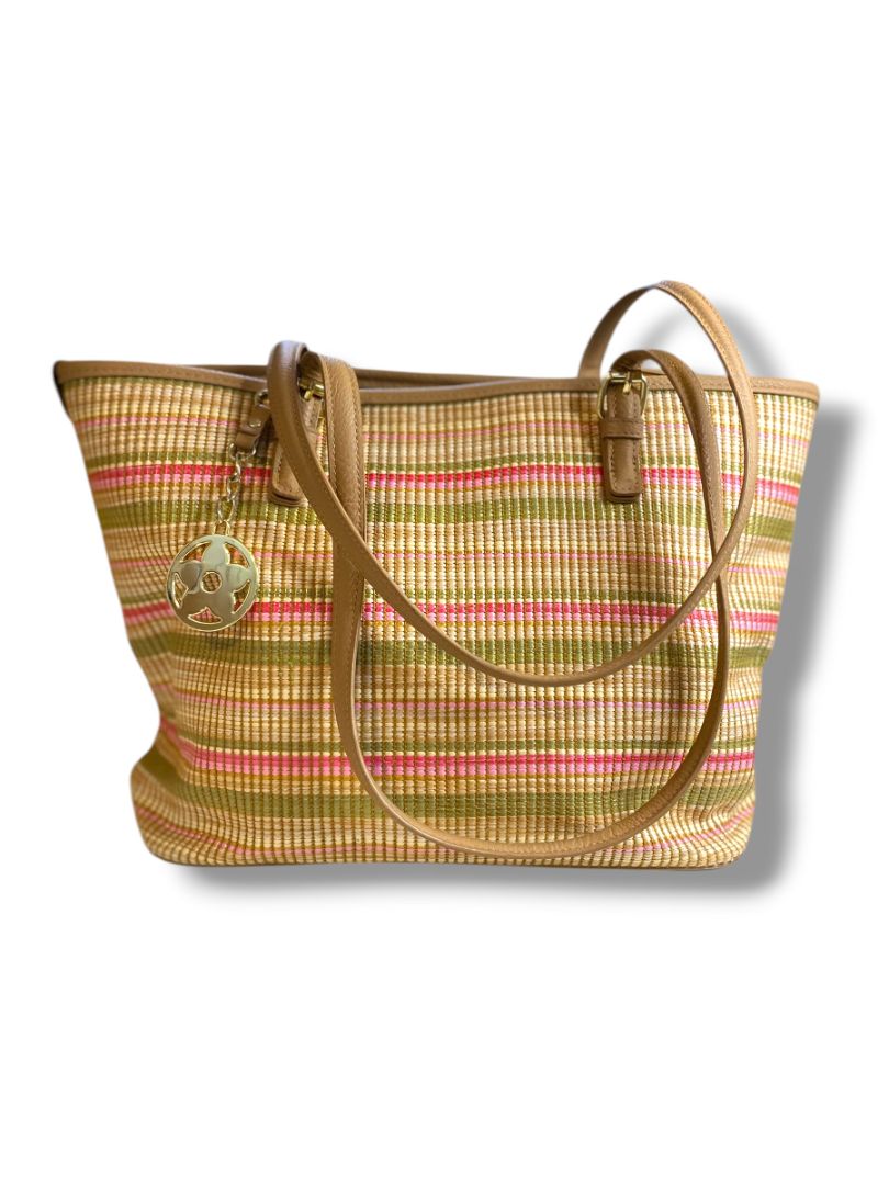 Bueno Woven Tote Handbag Multicolor Stripe Green Pink 9.5"h x 11"l