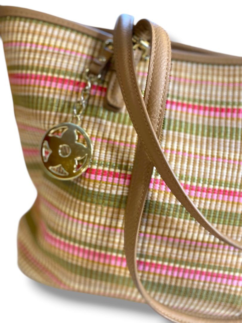Bueno Woven Tote Handbag Multicolor Stripe Green Pink 9.5"h x 11"l