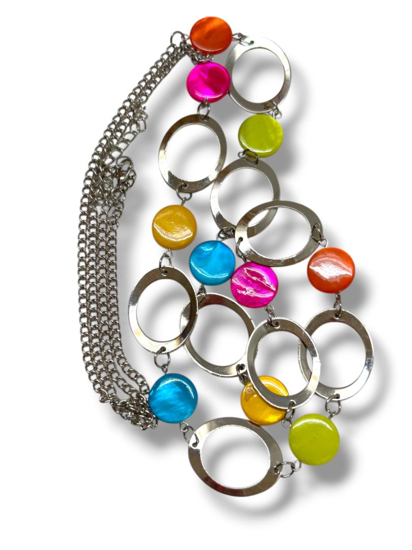 Silvertone and Multicolor Disc Circle Necklace 41-44" Lobster Clasp