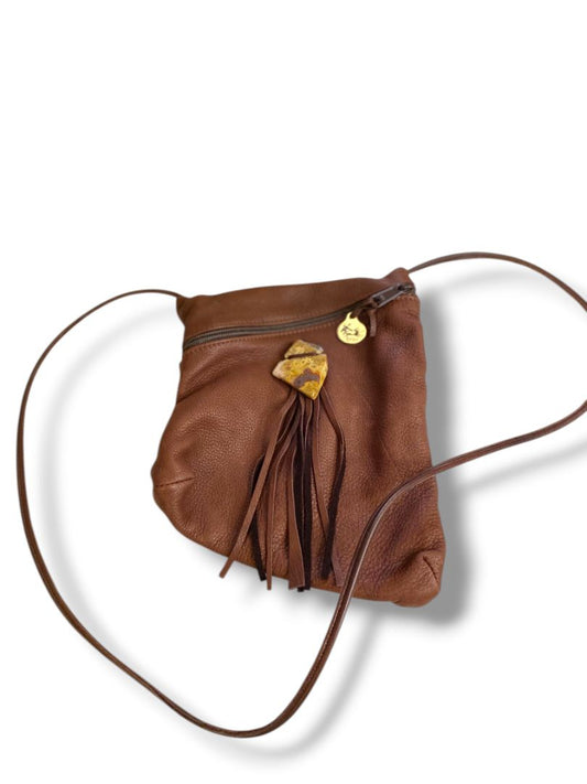 Erda of Maine Brown Leather Crossbody Boho Fringe Stone Festival Bag