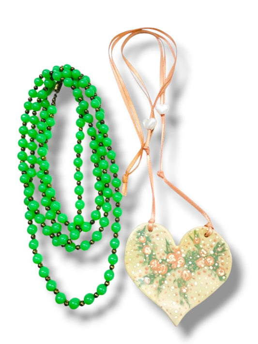 2 Vintage Necklaces Clay Heart 3" on Ribbon Mauve Ribbon Green Acrylic Strand String 54"