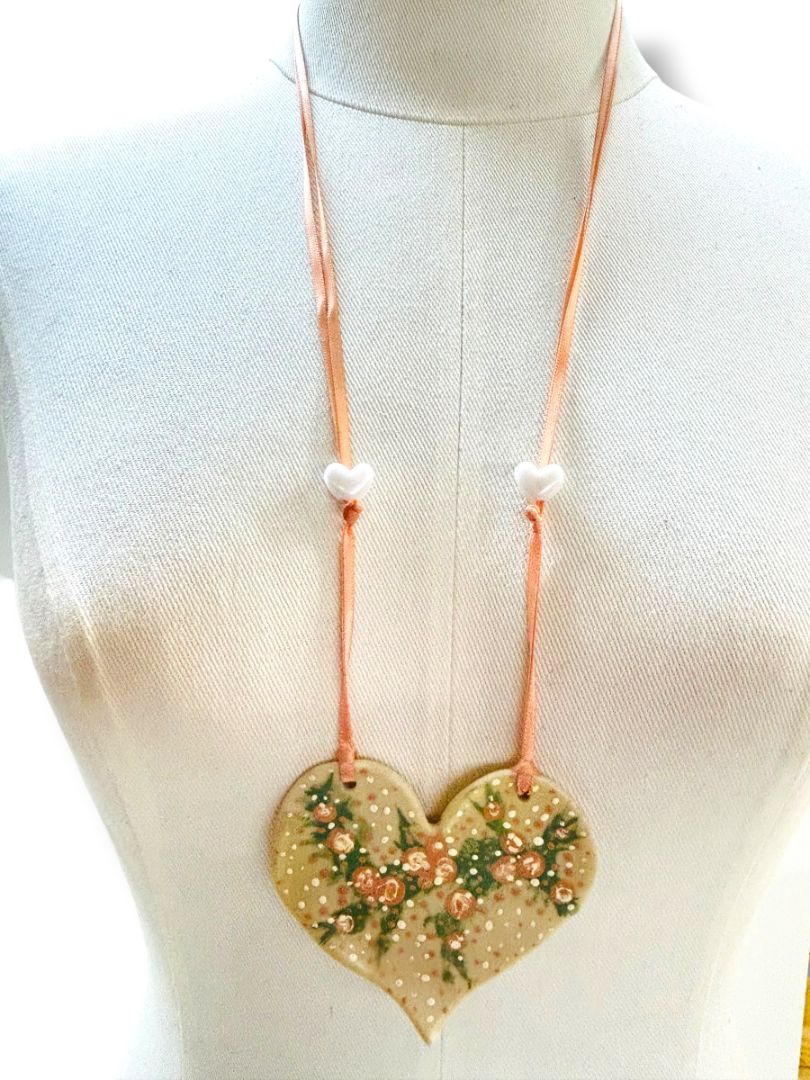 2 Vintage Necklaces Clay Heart 3" on Ribbon Mauve Ribbon Green Acrylic Strand String 54"