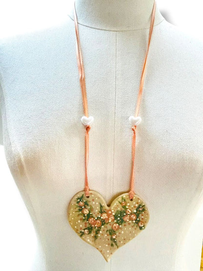 2 Vintage Necklaces Clay Heart 3" on Ribbon Mauve Ribbon Green Acrylic Strand String 54"