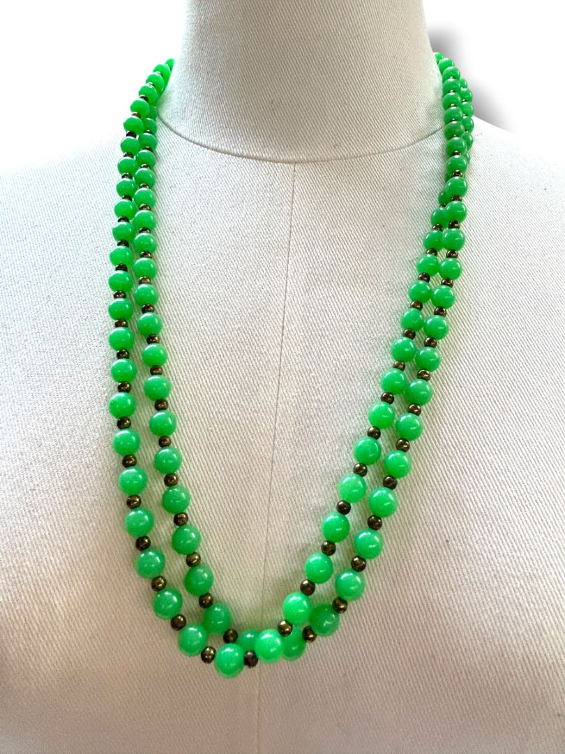 2 Vintage Necklaces Clay Heart 3" on Ribbon Mauve Ribbon Green Acrylic Strand String 54"