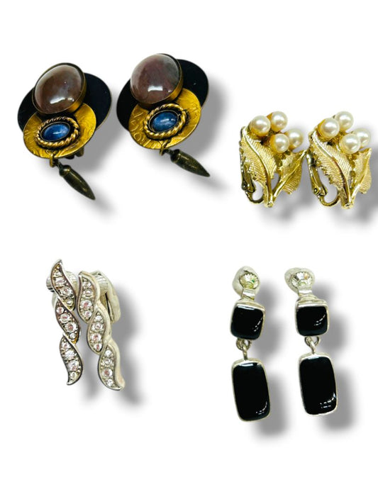 4 Pair Vintage Non-Pierced Clip On Earrings Assorted Styles Colors .75-1.75"