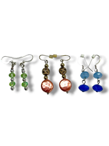 3 Pair Pierced Fishhook Earrings Silvertone Multicolor 1.25-1.75" Drop Dangle