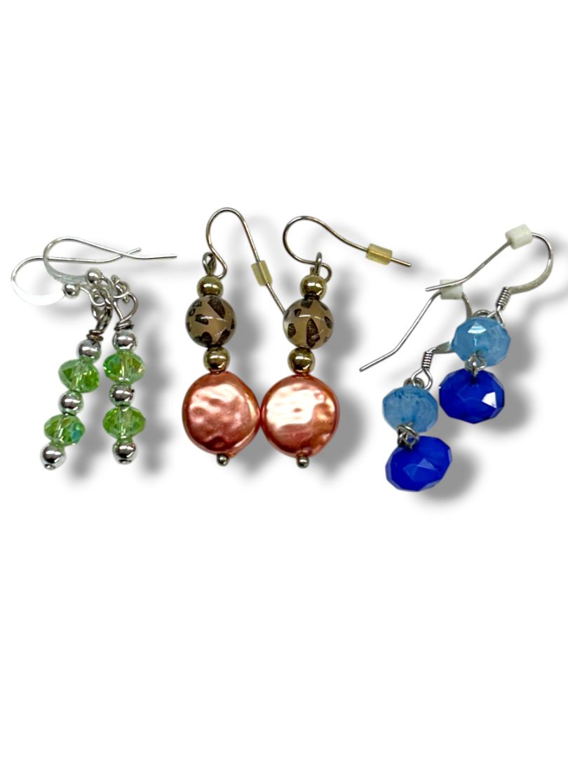 3 Pair Pierced Fishhook Earrings Silvertone Multicolor 1.25-1.75" Drop Dangle