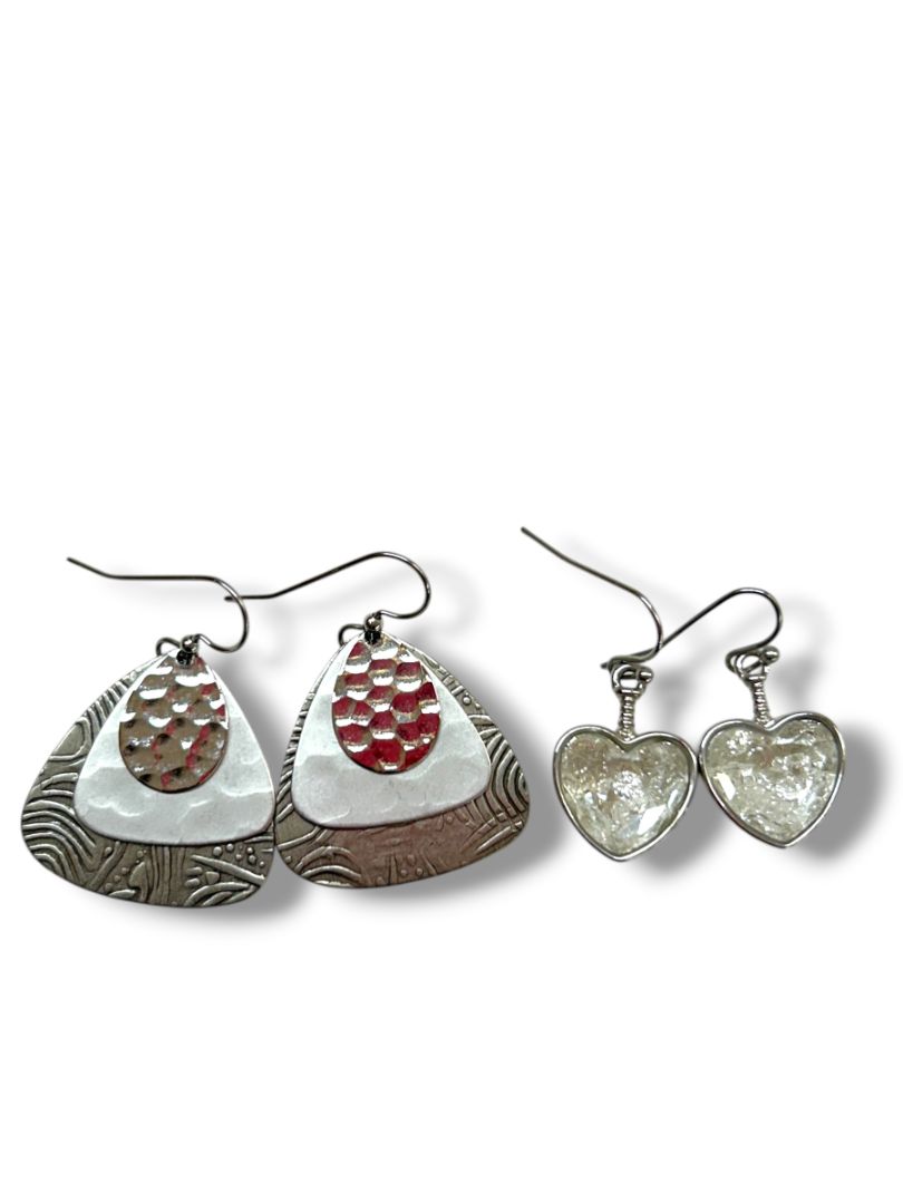 2 Pair Silvertone Pierced Fishhook Earrings Heart 1" Textured Triangle 1.5" Drop