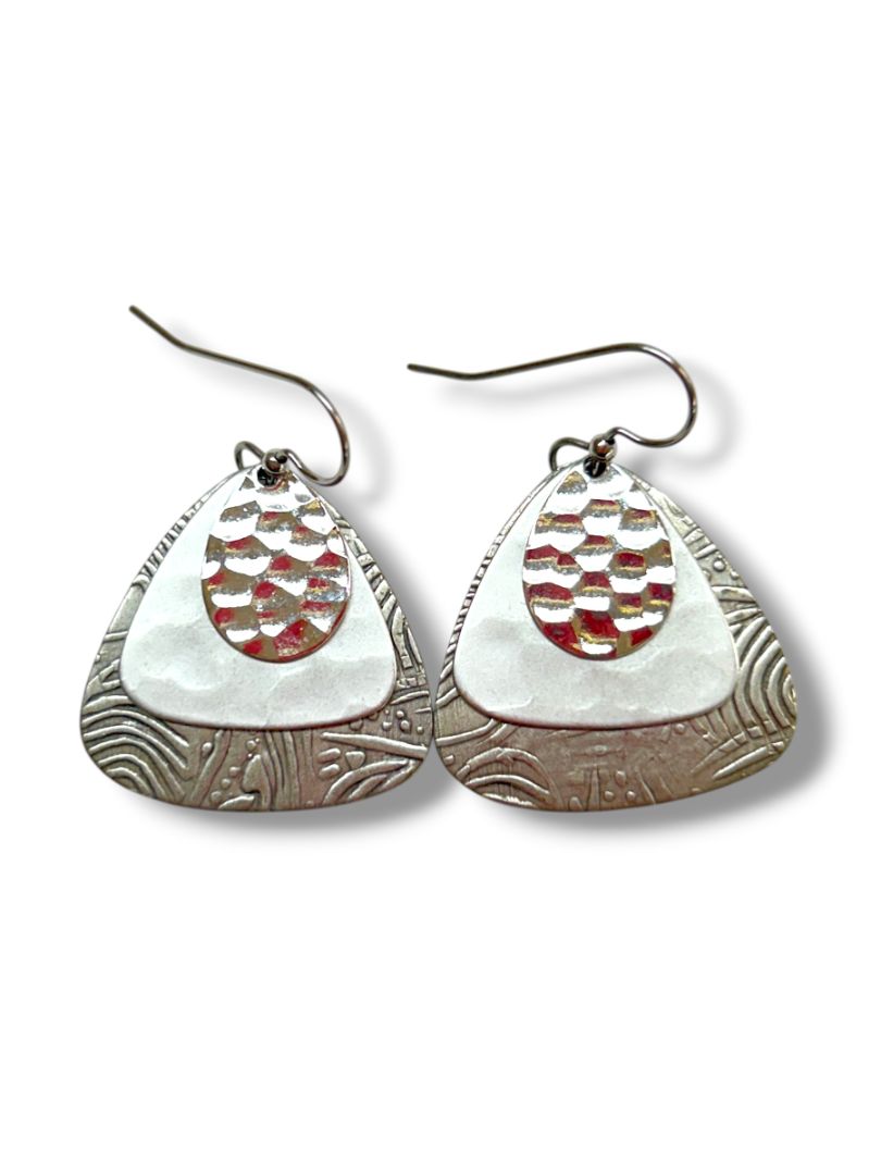 2 Pair Silvertone Pierced Fishhook Earrings Heart 1" Textured Triangle 1.5" Drop