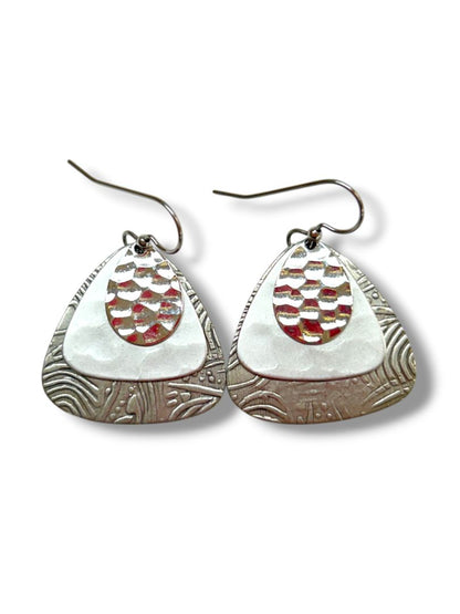 2 Pair Silvertone Pierced Fishhook Earrings Heart 1" Textured Triangle 1.5" Drop