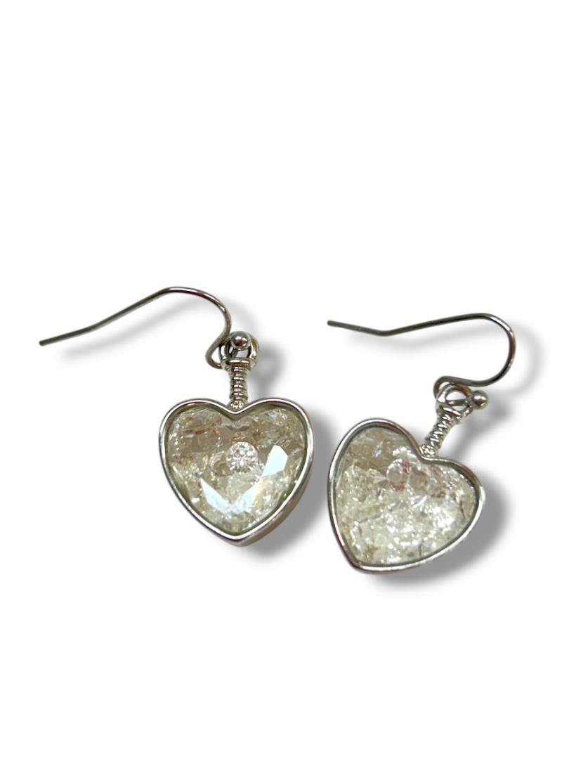 2 Pair Silvertone Pierced Fishhook Earrings Heart 1" Textured Triangle 1.5" Drop