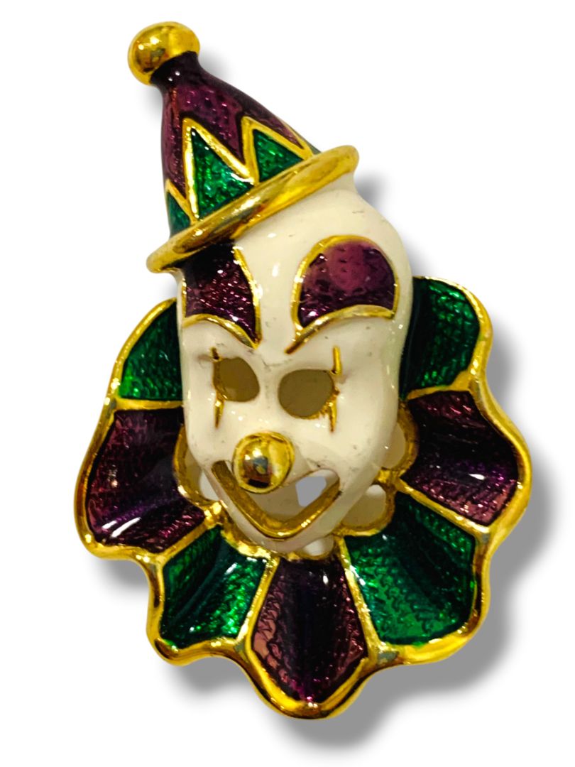 Vintage Enameled Clown Face Brooch Pin 1.9"