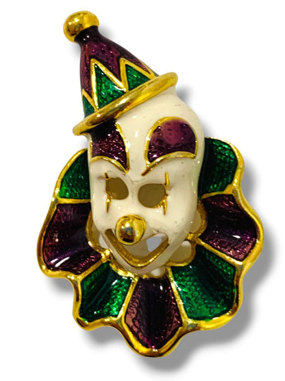 Vintage Enameled Clown Face Brooch Pin 1.9"