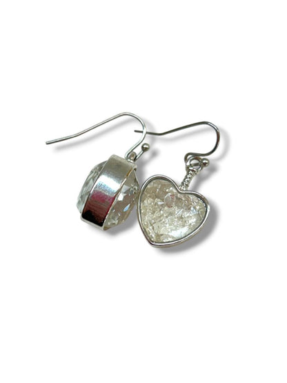 2 Pair Silvertone Pierced Fishhook Earrings Heart 1" Textured Triangle 1.5" Drop
