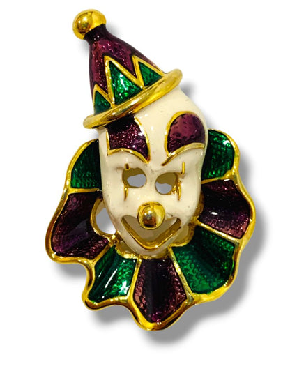 Vintage Enameled Clown Face Brooch Pin 1.9"