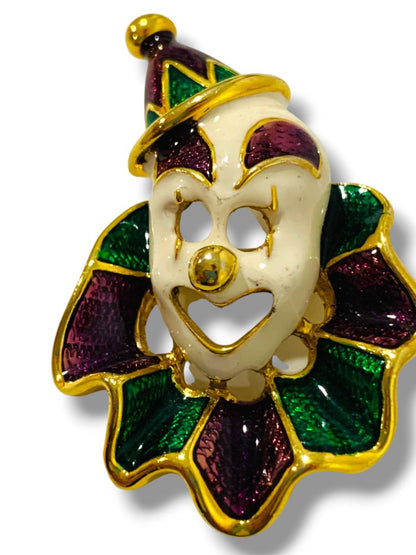 Vintage Enameled Clown Face Brooch Pin 1.9"