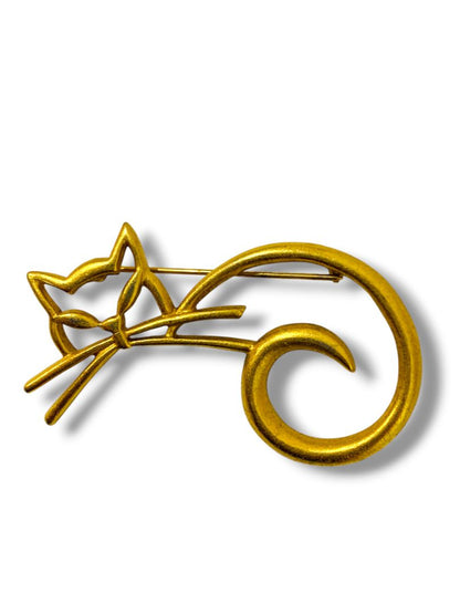 Matte Goldtone Modernist Cat Brooch Pin Open Design 2.4"