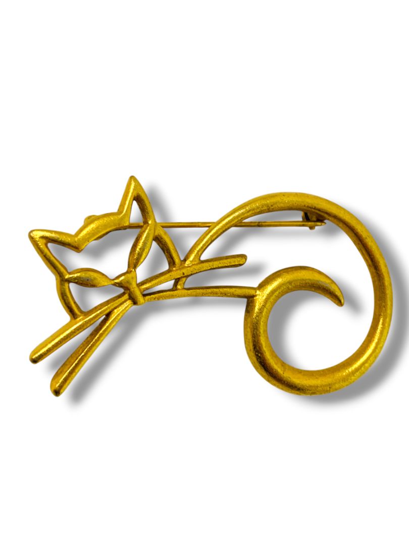 Matte Goldtone Modernist Cat Brooch Pin Open Design 2.4"