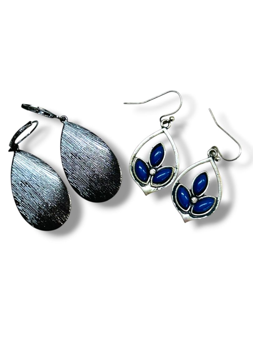 2 Pair Pierced Earrings Pewter Color Drop Dangle 1.5"-2" Drop Dangle