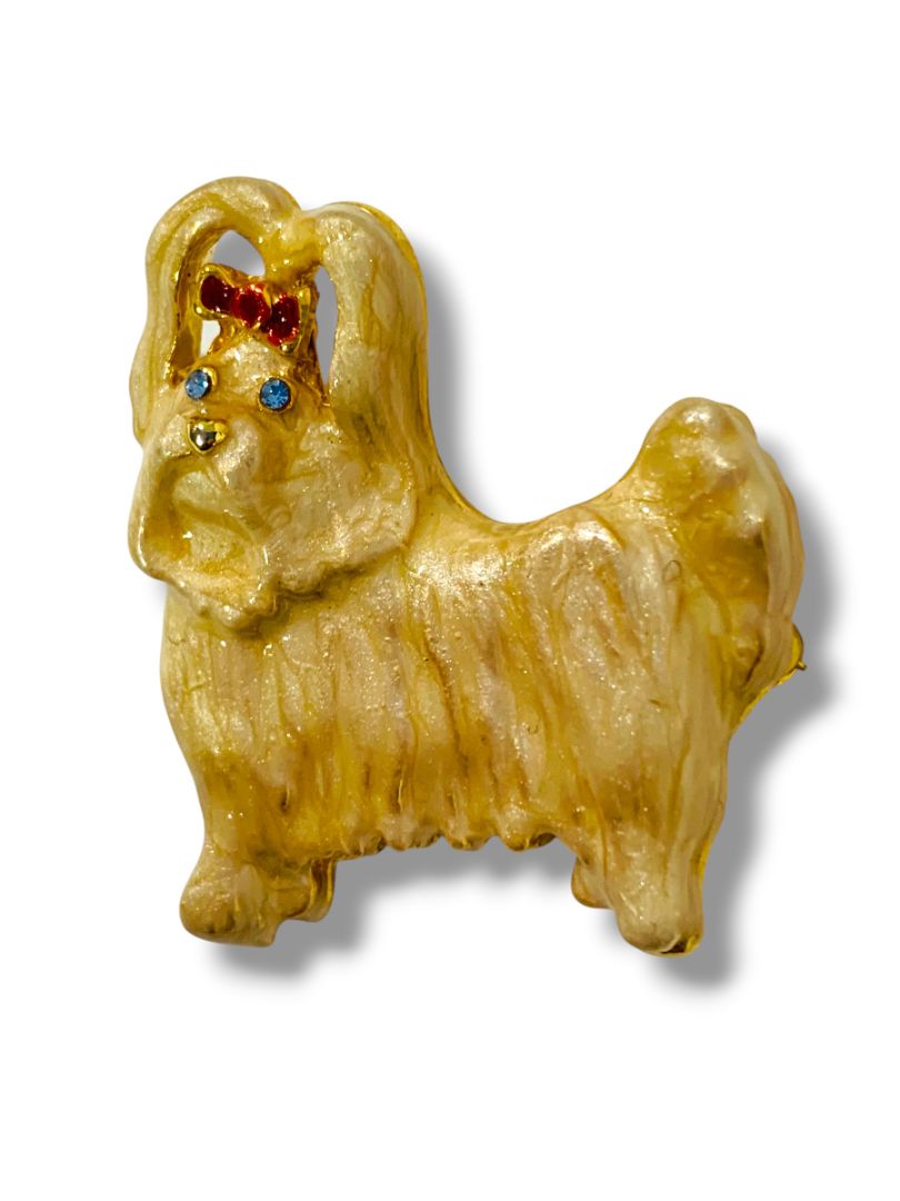Vintage Enameled Brooch Pin Maltese Dog Bow 1.4"