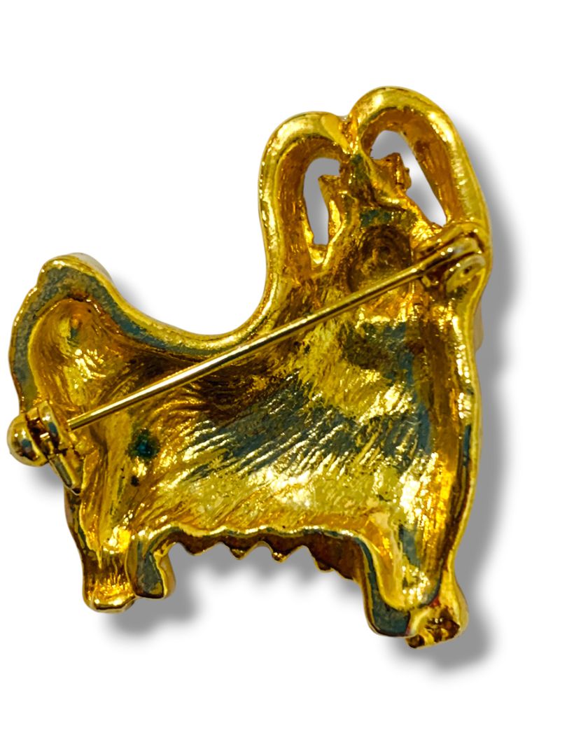 Vintage Enameled Brooch Pin Maltese Dog Bow 1.4"