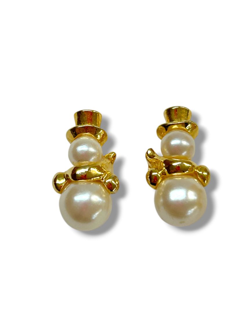 2 Pair Post Pierced Earrings Goldtone Faux Pearl Snowman Hoop .75"