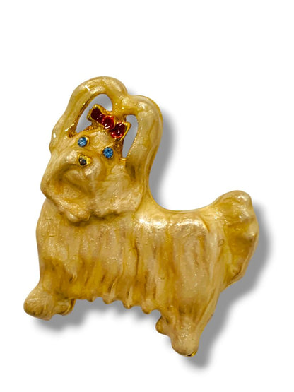 Vintage Enameled Brooch Pin Maltese Dog Bow 1.4"
