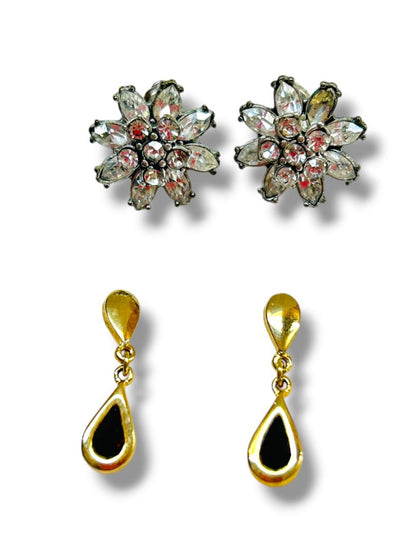 2 Pair Post Pierced Earrings Silvertone Flower .6" Goldtone Red .9" Drop