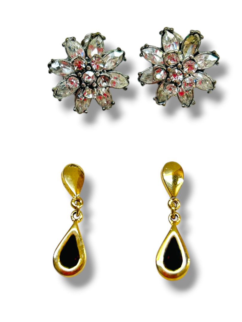 2 Pair Post Pierced Earrings Silvertone Flower .6" Goldtone Red .9" Drop