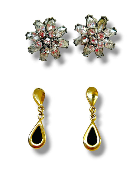 2 Pair Post Pierced Earrings Silvertone Flower .6" Goldtone Red .9" Drop