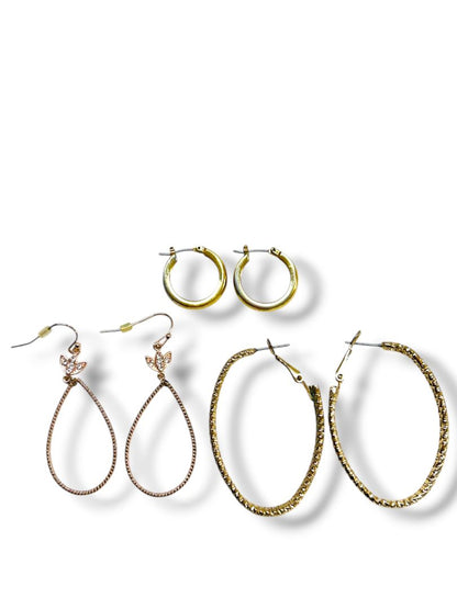 3 Pair Vintage Earrings Circle Hoop Goldtone Latchback Fishhook .75"-2" Drop
