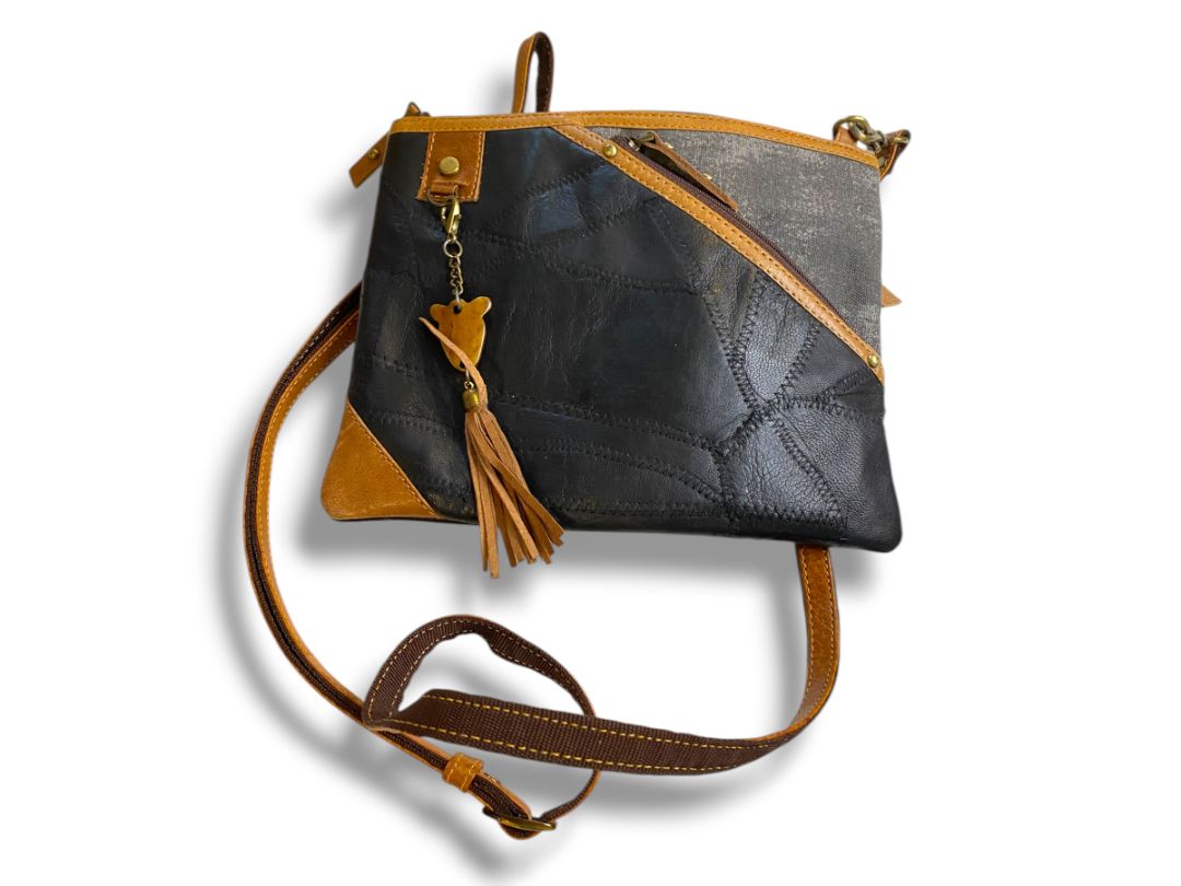 Vaan & Co Crossbody Bag RFID Protection Made with Leather Scraps Long Strap 32"