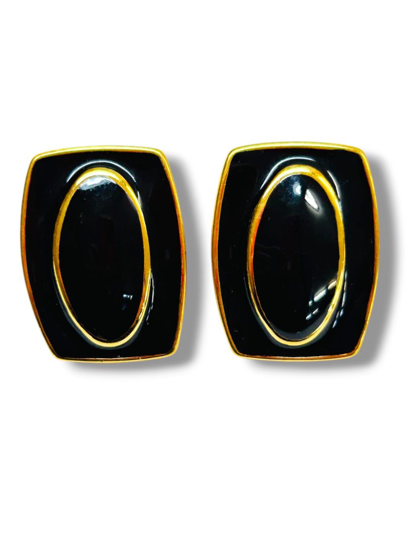 2 Pair Vintage Post Pierced Earrings Goldtone Enameled Black 1.2" Entwined Hoop 1"