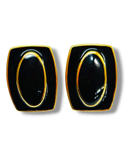 2 Pair Vintage Post Pierced Earrings Goldtone Enameled Black 1.2" Entwined Hoop 1"