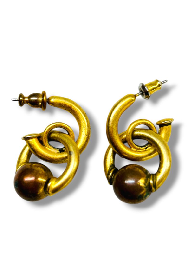 2 Pair Vintage Post Pierced Earrings Goldtone Enameled Black 1.2" Entwined Hoop 1"