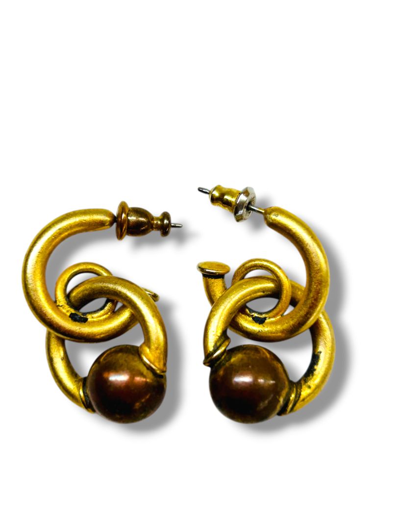 2 Pair Vintage Post Pierced Earrings Goldtone Enameled Black 1.2" Entwined Hoop 1"