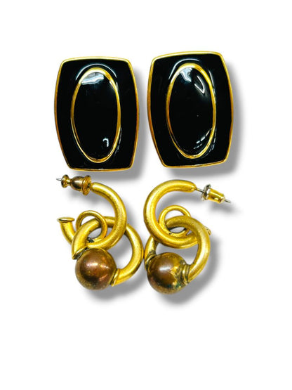 2 Pair Vintage Post Pierced Earrings Goldtone Enameled Black 1.2" Entwined Hoop 1"