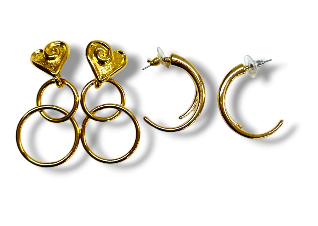 2 Pair of Goldtone Post Pierced Earrings Avon Heart Circle Hoop 1.25-1.5" Drop