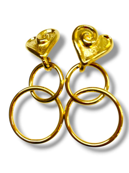 2 Pair of Goldtone Post Pierced Earrings Avon Heart Circle Hoop 1.25-1.5" Drop