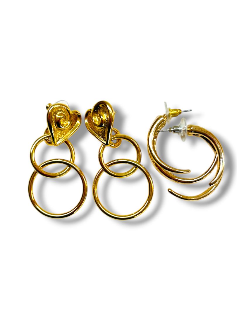 2 Pair of Goldtone Post Pierced Earrings Avon Heart Circle Hoop 1.25-1.5" Drop