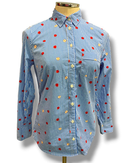 Size XS J.Crew Womens Cotton Poplin Button Up Shirt Apple Print Striped BK577