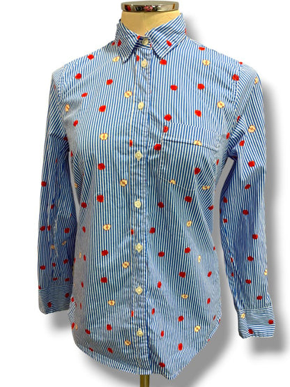 Size XS J.Crew Womens Cotton Poplin Button Up Shirt Apple Print Striped BK577