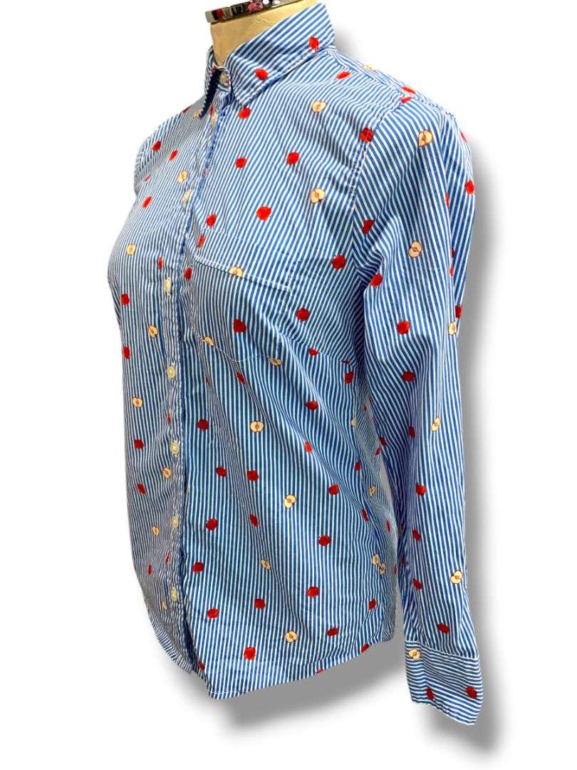 Size XS J.Crew Womens Cotton Poplin Button Up Shirt Apple Print Striped BK577