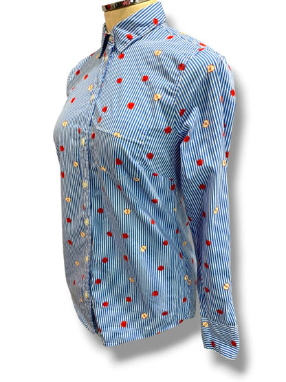 Size XS J.Crew Womens Cotton Poplin Button Up Shirt Apple Print Striped BK577