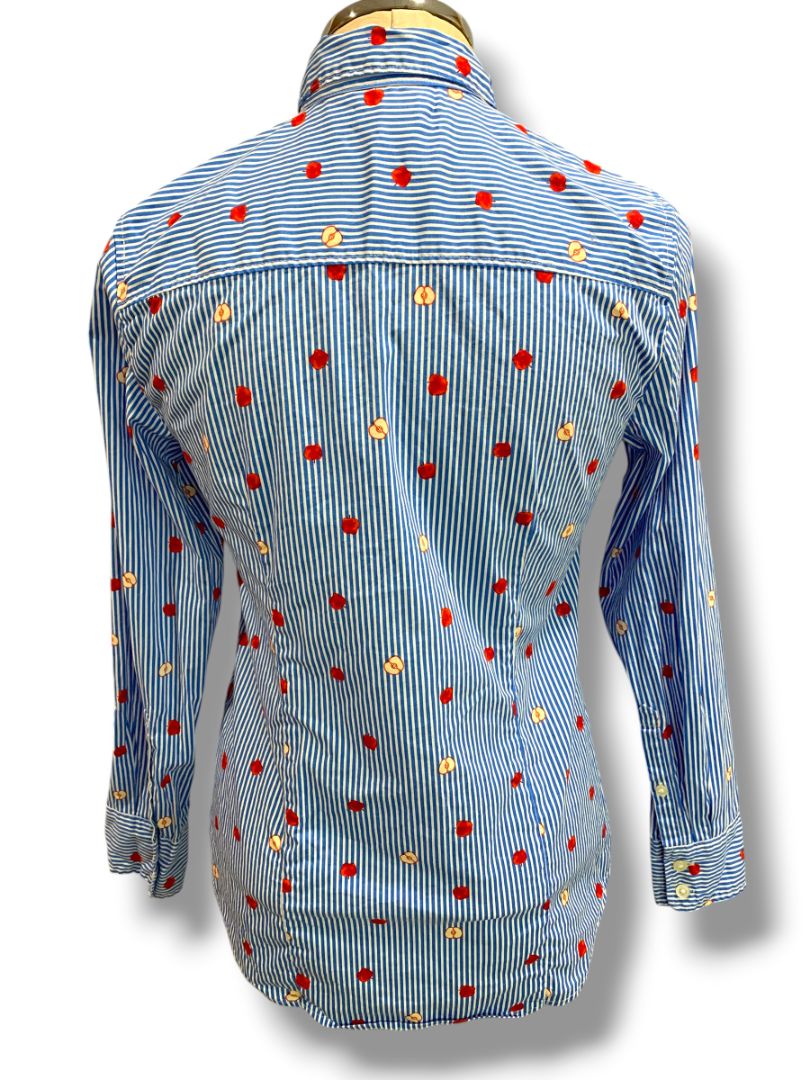 Size XS J.Crew Womens Cotton Poplin Button Up Shirt Apple Print Striped BK577