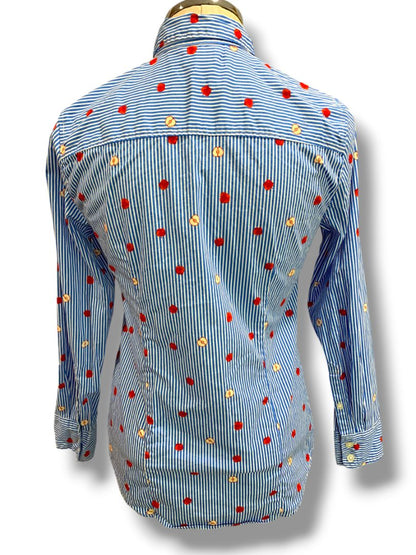 Size XS J.Crew Womens Cotton Poplin Button Up Shirt Apple Print Striped BK577