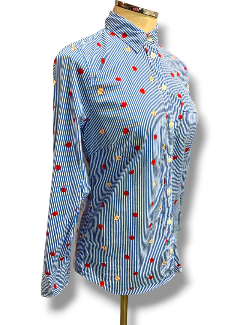 Size XS J.Crew Womens Cotton Poplin Button Up Shirt Apple Print Striped BK577