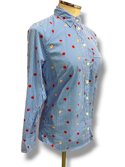 Size XS J.Crew Womens Cotton Poplin Button Up Shirt Apple Print Striped BK577