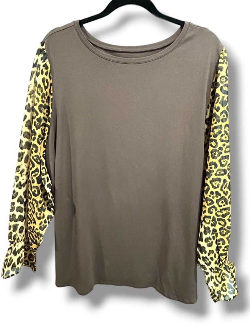 3X Belle Kim Gravel Womens Plus Size Shirt Sheer Leopard Print Long Sleeve