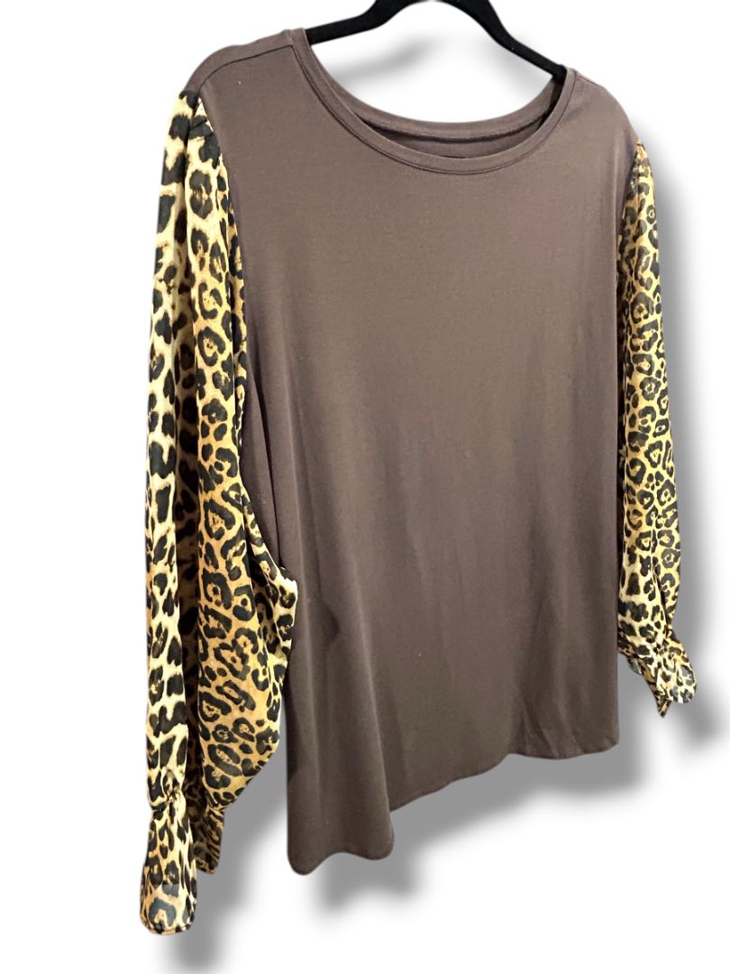3X Belle Kim Gravel Womens Plus Size Shirt Sheer Leopard Print Long Sleeve